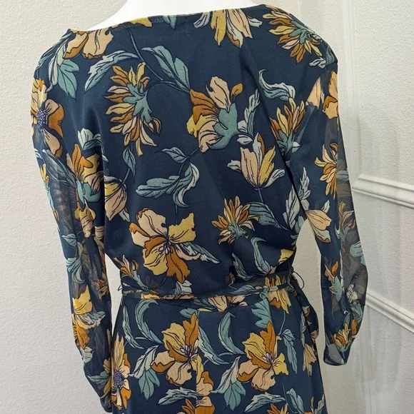 Floral Wrap overlayed Maxi Dress 3/4 sleeve in Teal and Mustard✨Large - Picture 7 of 8